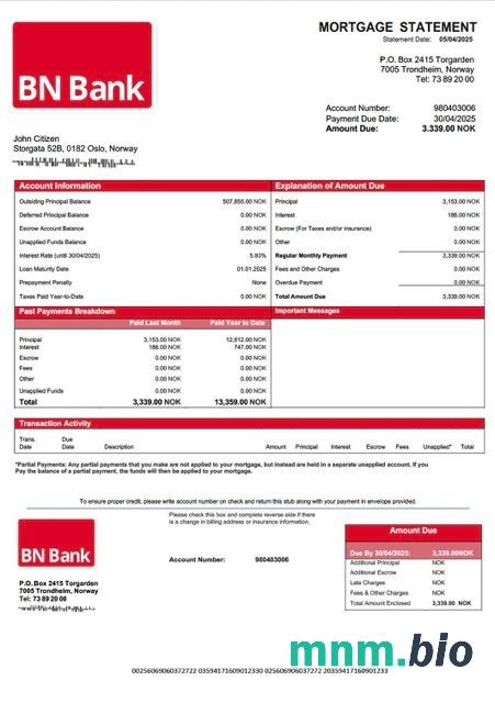 Norwegia BN Bank wyciąg z kredytu hipotecznego szablon Word i PDF
